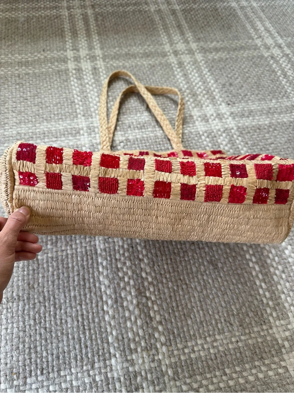 Anthropologie Sequin Raffia Tote red